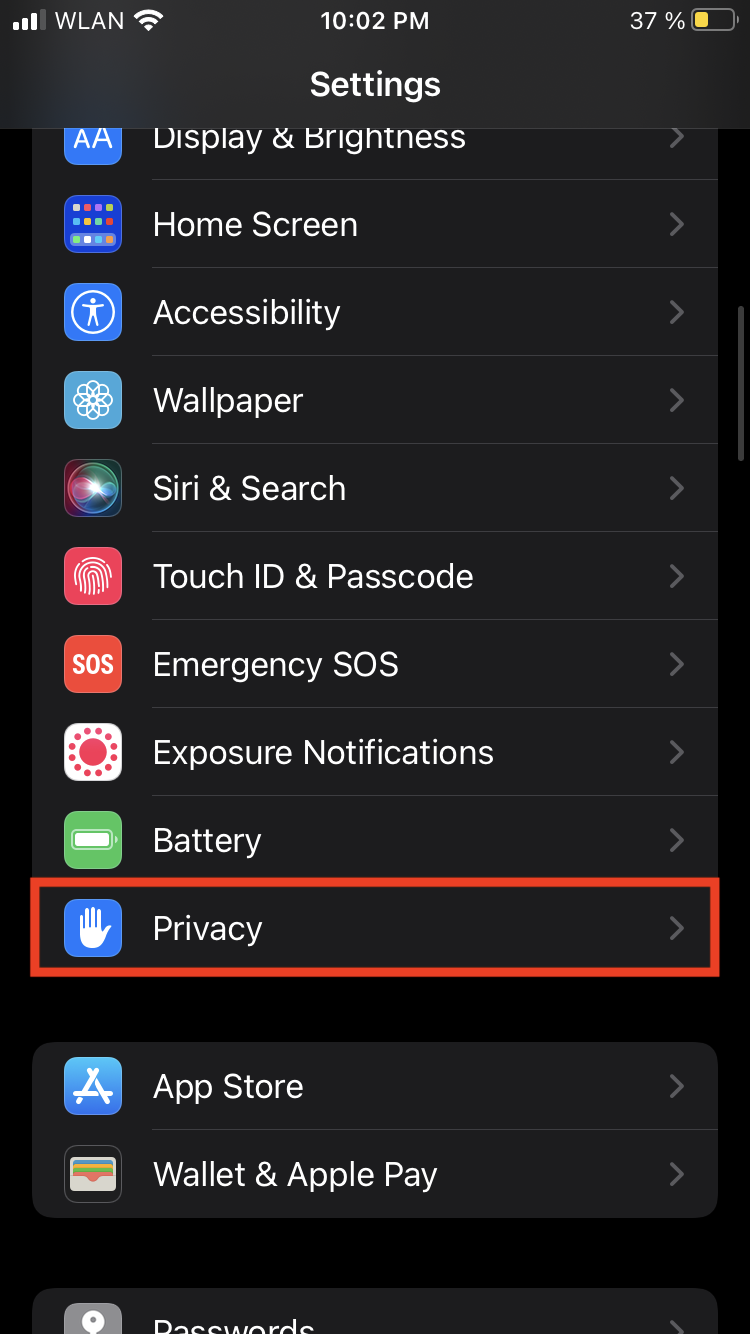 iOS Einstellungen Datenschutz Screen