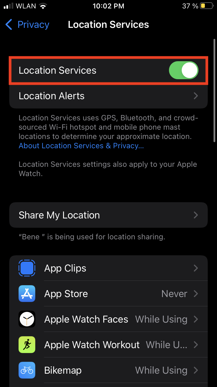 iOS Ortungsdienste Screen
