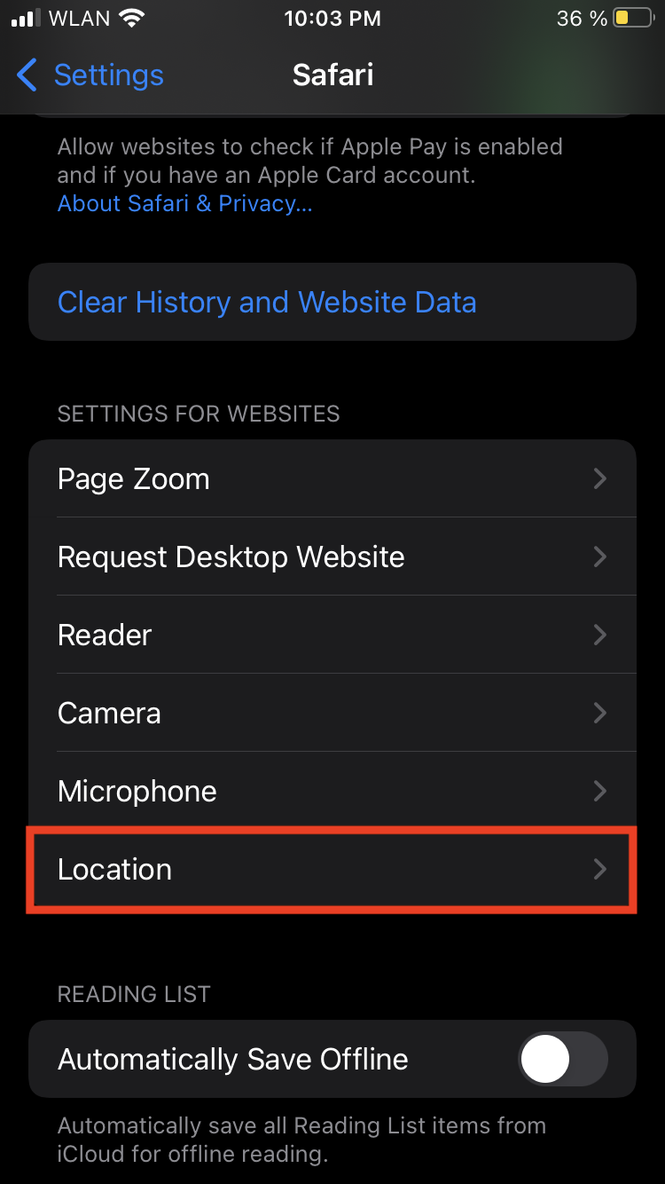 iOS Ortung Safari Screen